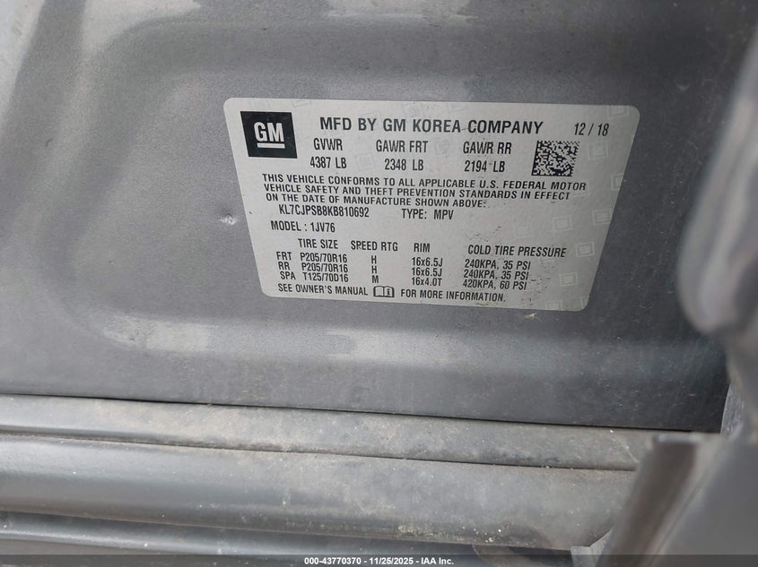 2019 Chevrolet Trax VIN KL7CJPSB8KB810692 IAAI salvage auction — FRONT END, Other, sold $850 on 2026-07-10 (photo 9)