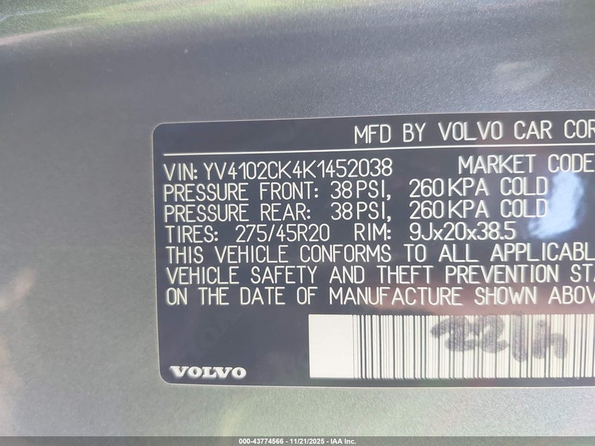 2019 Volvo Xc90 VIN YV4102CK4K1452038 IAAI salvage auction — SIDE, Clear (Oklahoma), sold $5,300 on 2026-08-06 (photo 9)