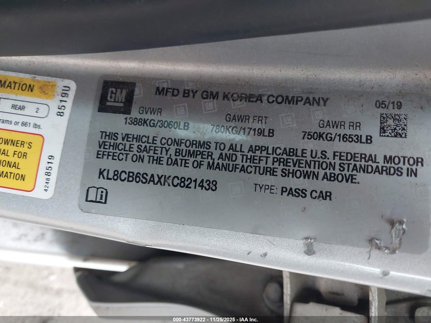 2019 Chevrolet Spark VIN KL8CB6SAXKC821438 IAAI salvage auction — LEFT FRONT, Salvage Title, sold $775 on 2026-07-14 (photo 9)