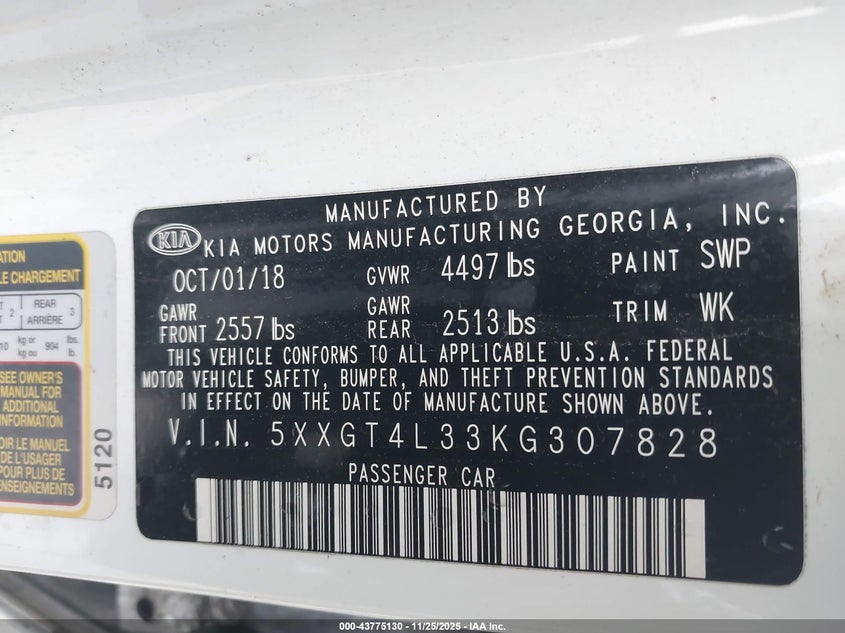 2019 Kia Optima VIN 5XXGT4L33KG307828 IAAI salvage auction — FRONT END, Salvage (Texas), sold $100 on 2026-07-21 (photo 9)