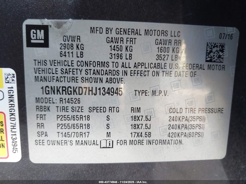 2017 Chevrolet Traverse VIN 1GNKRGKD7HJ134945 IAAI salvage auction — FRONT END, Other, sold $1,325 on 2026-07-09 (photo 9)