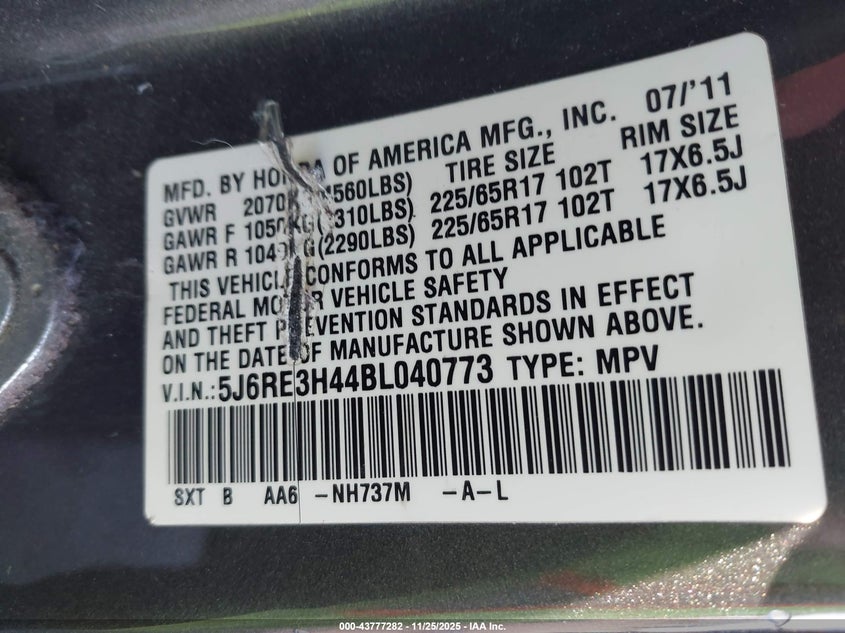 2011 Honda Cr-v VIN 5J6RE3H44BL040773 IAAI salvage auction — FRONT END, Salvage (Kansas), sold $1,400 on 2026-08-01 (photo 9)