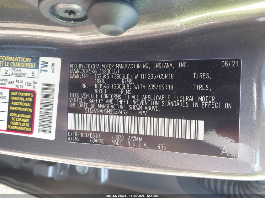2021 Toyota Highlander VIN 5TDHZRAH5MS532462 IAAI salvage auction — LEFT FRONT, Salvage (Georgia), sold $14,500 on 2026-07-07 (photo 9)
