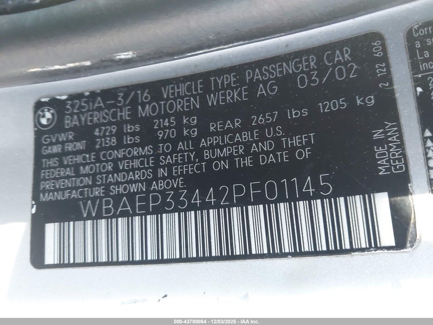 2002 BMW 3er VIN WBAEP33442PF01145 IAAI salvage auction — LEFT & RIGHT, Parts Only - Bill Of Sale (North Carolina), sold $450 on 2026-07-08 (photo 9)