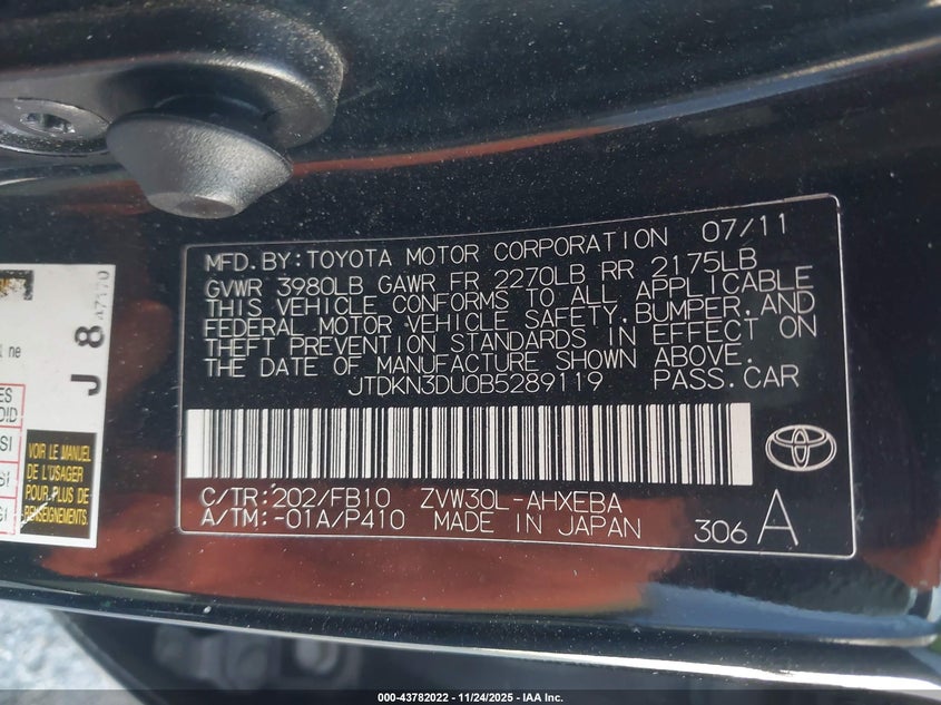 2011 Toyota Prius VIN JTDKN3DU0B5289119 IAAI salvage auction — FRONT END, Salvage (California), sold $875 on 2026-07-21 (photo 9)