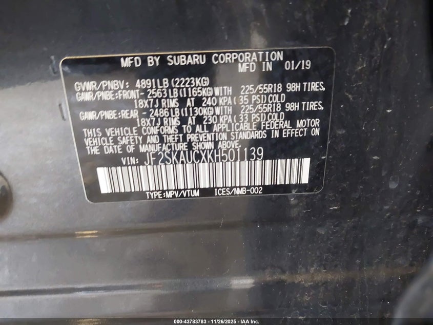 2019 Subaru Forester VIN JF2SKAUCXKH501139 IAAI salvage auction — FRONT END, Salvage (Illinois), sold $25 on 2026-07-28 (photo 9)