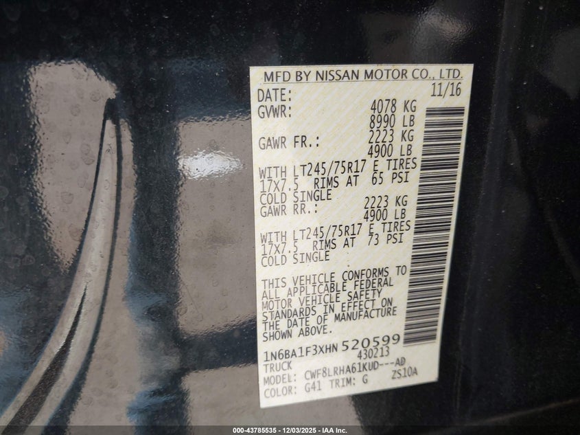 2017 Nissan TITAN VIN 1N6BA1F3XHN520599 IAAI salvage auction — SUSPENSION, Salvage Title, sold $7,600 on 2026-07-29 (photo 9)