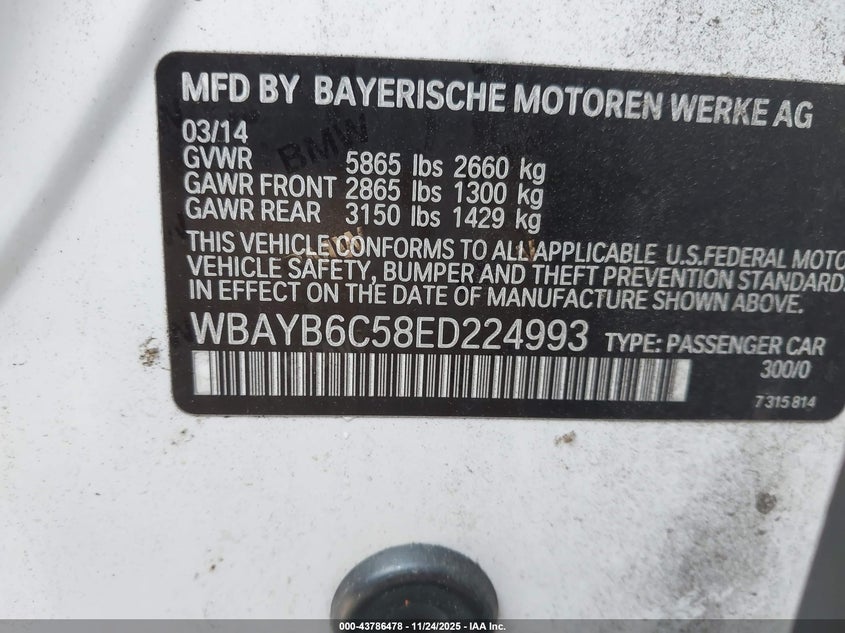 2014 BMW 7 series VIN WBAYB6C58ED224993 IAAI salvage auction — NORMAL WEAR, Other, sold $650 on 2026-07-15 (photo 9)