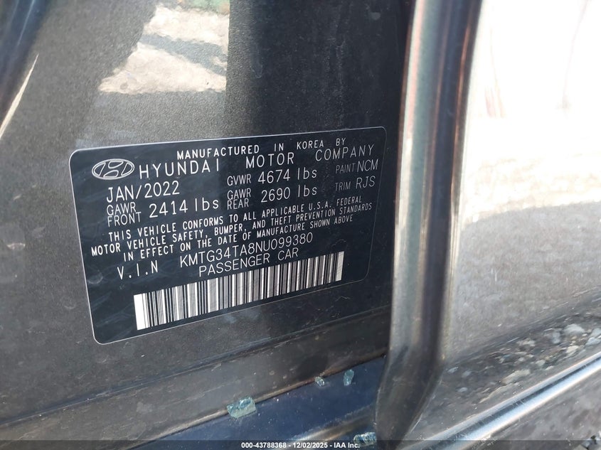 2022 Genesis G70 VIN KMTG34TA8NU099380 IAAI salvage auction — BIOHAZARD/CHEMICAL, Salvage (Arkansas), sold $425 on 2026-07-08 (photo 9)