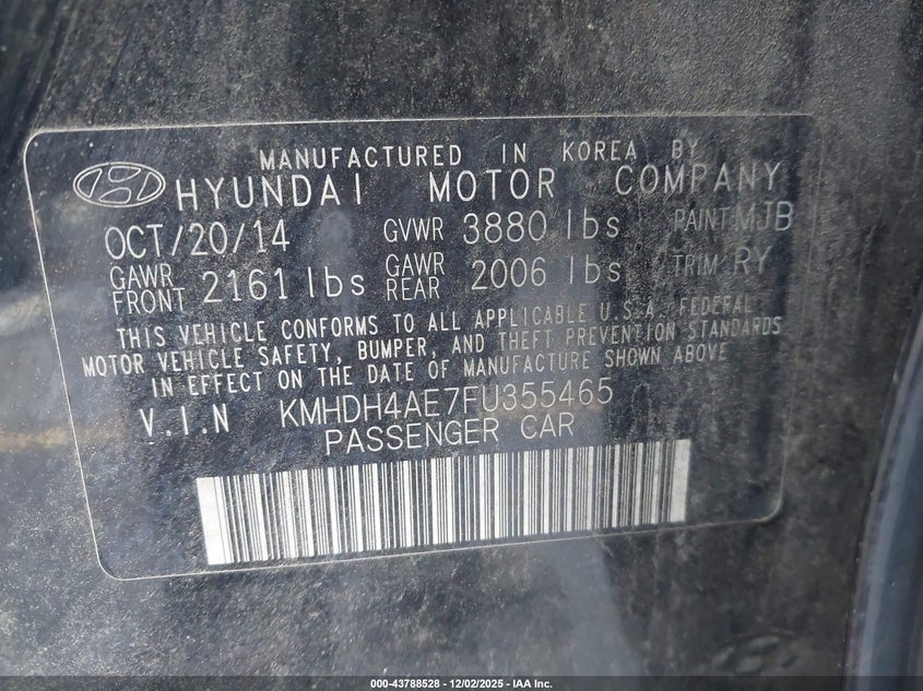 2015 Hyundai Elantra VIN KMHDH4AE7FU355465 IAAI salvage auction — FRONT END, Salvage Title, sold $500 on 2026-07-29 (photo 9)