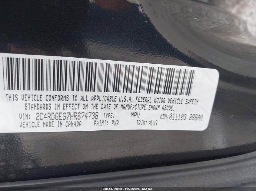 2017 Dodge Caravan VIN 2C4RDGEG7HR674738 IAAI salvage auction — FRONT END, Salvage (Indiana), sold $850 on 2026-09-11 (photo 9)