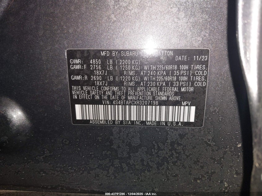 2024 Subaru Outback VIN 4S4BTAPCXR3207198 IAAI salvage auction — FRONT END, Salvage Title, sold $7,300 on 2026-07-09 (photo 9)