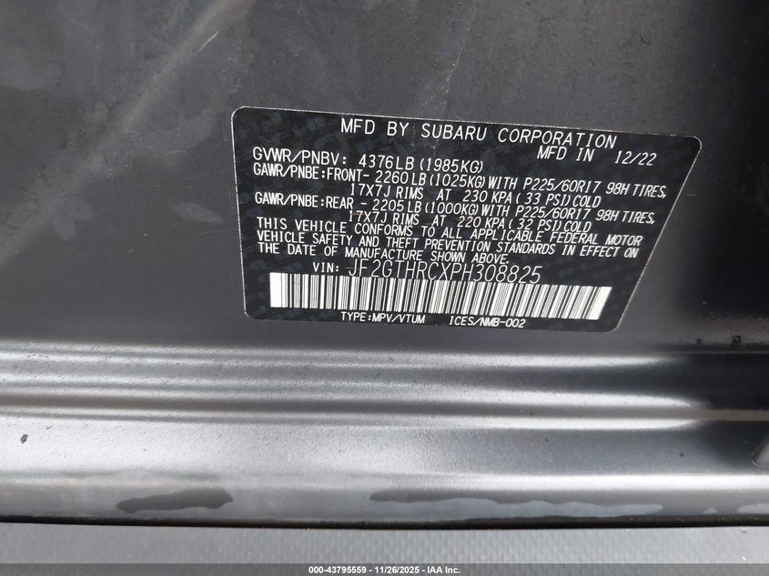2023 Subaru Xv VIN JF2GTHRCXPH308825 IAAI salvage auction — LEFT REAR, Salvage (California), sold $6,700 on 2026-07-22 (photo 9)