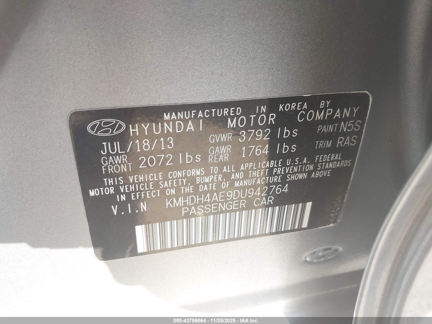2013 Hyundai Elantra VIN KMHDH4AE9DU942764 IAAI salvage auction — FRONT END, Rebuildable (Florida), sold $1,500 on 2026-07-23 (photo 9)
