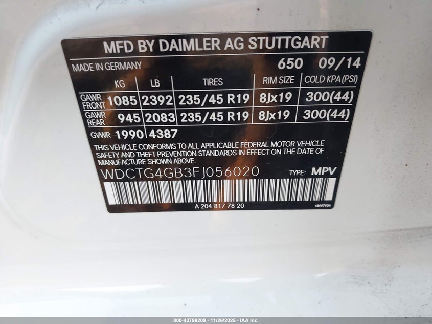2015 Mercedes-benz Gla-class VIN WDCTG4GB3FJ056020 IAAI salvage auction — RIGHT FRONT, Other, sold $2,650 on 2026-07-28 (photo 9)
