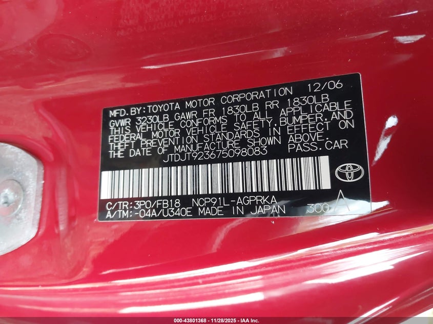 2007 Toyota Yaris VIN JTDJT923675098083 IAAI salvage auction — LEFT SIDE, Salvage (Idaho), sold $100 on 2026-07-21 (photo 9)