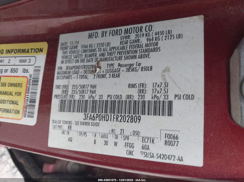 2015 Ford Fusion VIN 3FA6P0HD1FR202809 IAAI salvage auction — ALL OVER, Other, sold $375 on 2026-07-20 (photo 9)