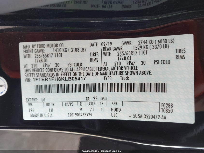 2019 Ford Ranger VIN 1FTER1FH8KLB05417 IAAI salvage auction — LEFT SIDE, Other, sold $8,000 on 2026-07-30 (photo 9)