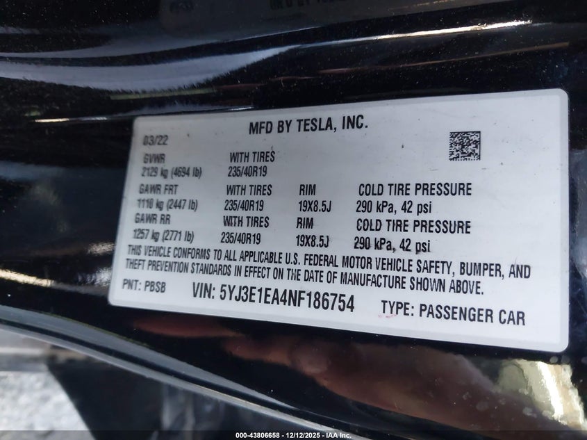 2022 Tesla Model 3 VIN 5YJ3E1EA4NF186754 IAAI salvage auction — FRONT END, Salvage (California), sold $2,650 on 2026-08-22 (photo 9)