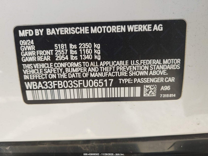 2025 BMW 4er VIN WBA33FB03SFU06517 IAAI salvage auction — LEFT FRONT, Salvage Title, sold $20,525 on 2026-07-20 (photo 9)