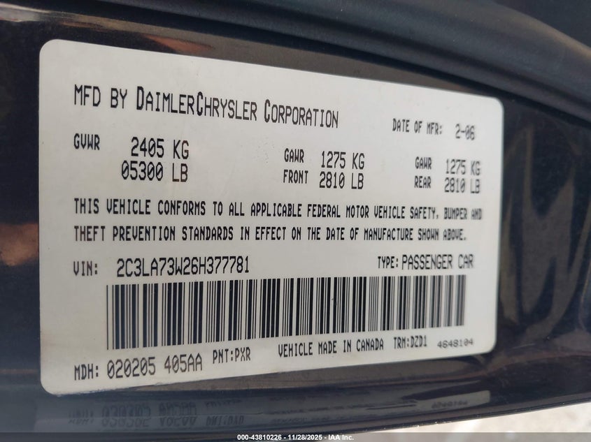 2006 Chrysler 300 VIN 2C3LA73W26H377781 IAAI salvage auction — FRONT END, Bill Of Sale (Hawaii), sold $225 on 2026-08-19 (photo 9)