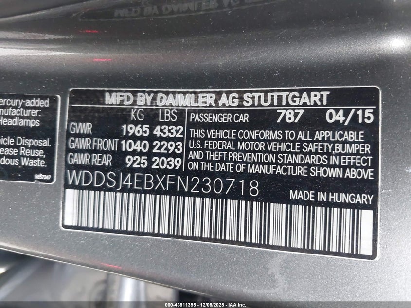 2015 Mercedes-benz Cla-klasse VIN WDDSJ4EBXFN230718 IAAI salvage auction — FRONT END, Salvage (California), sold $1,975 on 2026-07-20 (photo 9)