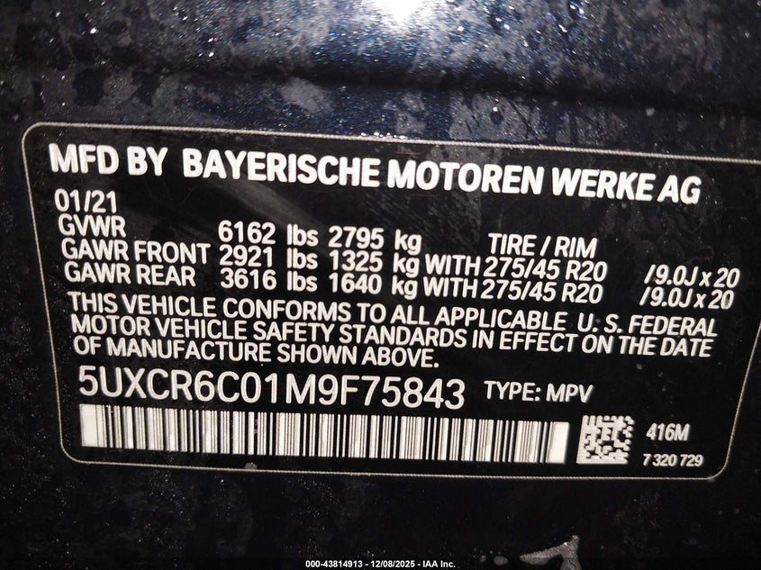 2021 BMW X5 VIN 5UXCR6C01M9F75843 IAAI salvage auction — LEFT SIDE, Salvage (Missouri), sold $13,950 on 2026-07-08 (photo 9)