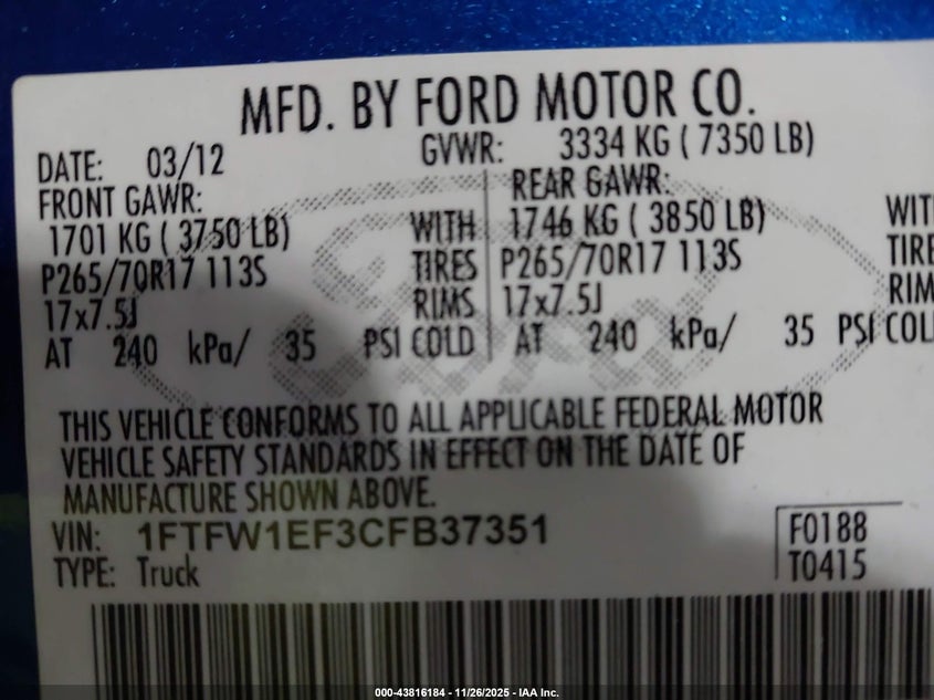 2012 Ford F-150 VIN 1FTFW1EF3CFB37351 IAAI salvage auction — ENGINE DAMAGE, Salvage Title, sold $700 on 2026-08-03 (photo 9)