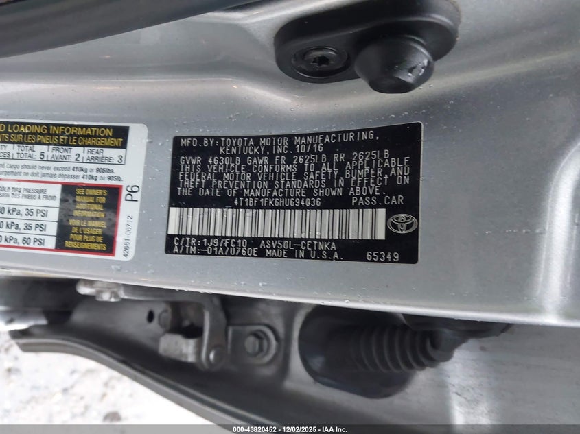 2017 Toyota Camry VIN 4T1BF1FK6HU694036 IAAI salvage auction — FRONT END, Salvage (New Jersey), sold $2,725 on 2026-07-20 (photo 9)