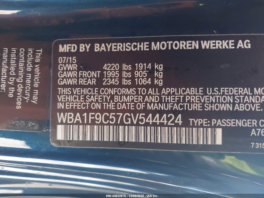 2016 BMW 2 series VIN WBA1F9C57GV544424 IAAI salvage auction — LEFT FRONT, Salvage (Missouri), sold $700 on 2026-08-05 (photo 9)