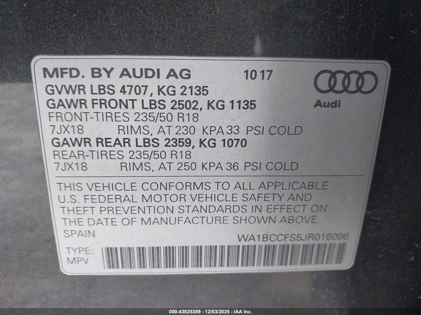 2018 Audi Q3 VIN WA1BCCFS5JR016096 IAAI salvage auction — RIGHT FRONT, Salvage (Georgia), sold $3,150 on 2026-08-21 (photo 9)