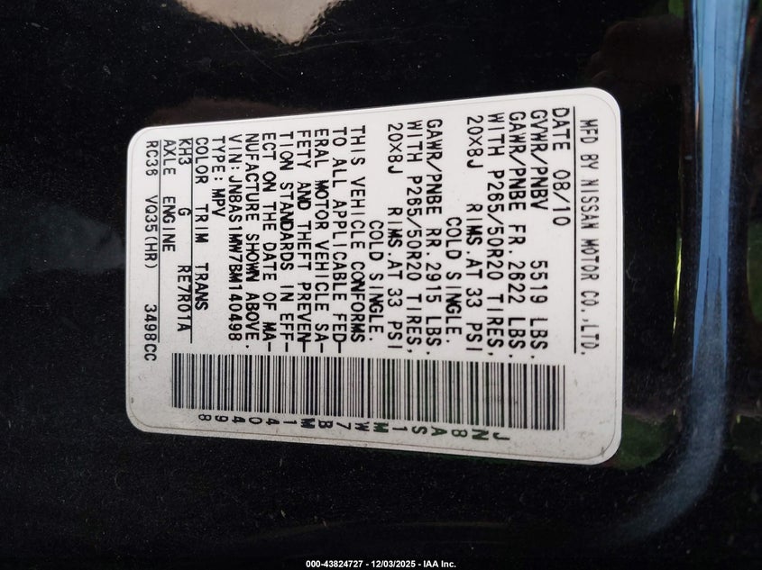 2011 Infiniti Fx VIN JN8AS1MW7BM140498 IAAI salvage auction — FRONT END, Salvage (Texas), sold $475 on 2026-07-21 (photo 9)