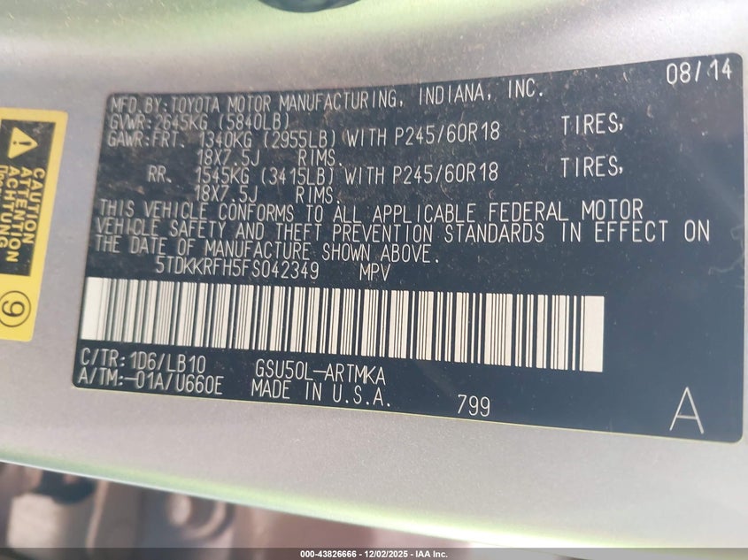2015 Toyota Highlander VIN 5TDKKRFH5FS042349 IAAI salvage auction — FRONT & REAR, Clear (Oklahoma), sold $5,100 on 2026-07-29 (photo 9)