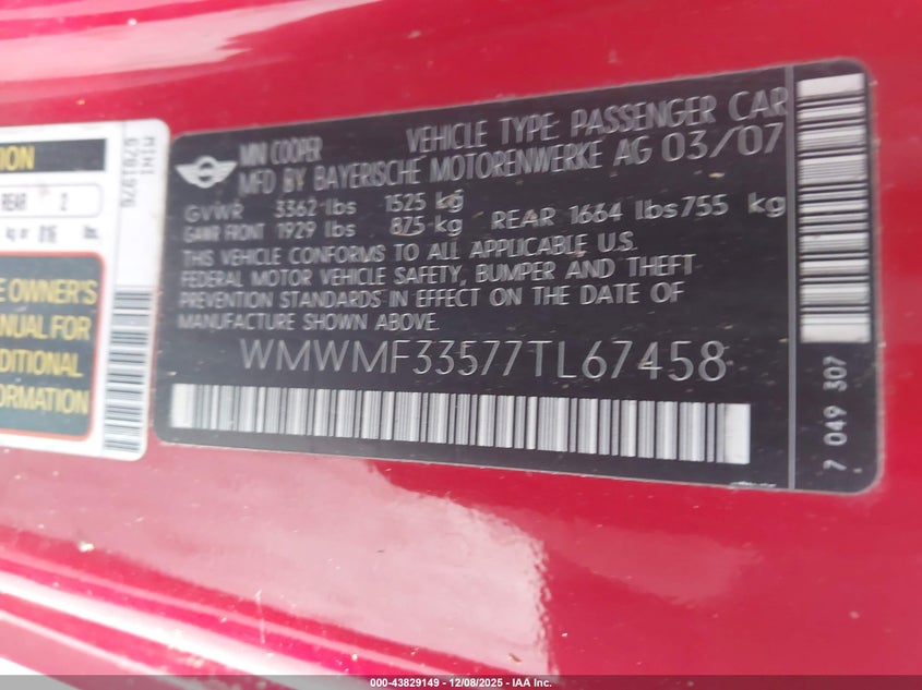 2007 Mini Cooper VIN WMWMF33577TL67458 IAAI salvage auction — ENGINE DAMAGE, Clear (Michigan), sold $400 on 2026-07-09 (photo 9)