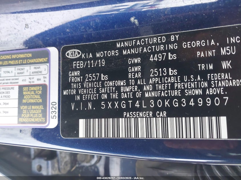 2019 Kia Optima VIN 5XXGT4L30KG349907 IAAI salvage auction — THEFT, Salvage (Indiana), sold $2,250 on 2026-07-08 (photo 9)