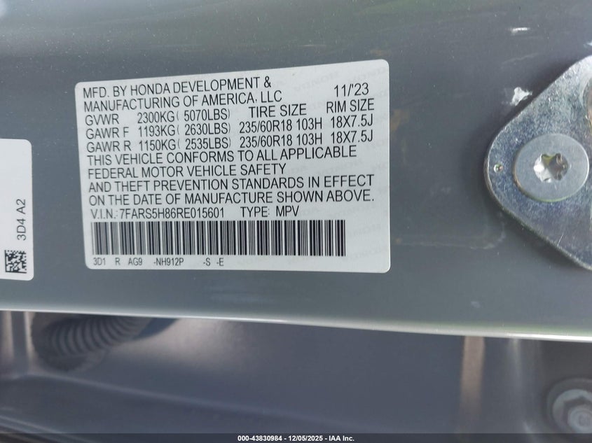 2024 Honda Cr-v VIN 7FARS5H86RE015601 IAAI salvage auction — FRONT END, Salvage Title, sold $500 on 2026-07-29 (photo 9)