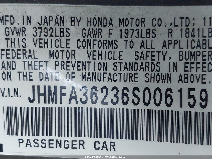 2006 Honda Civic VIN JHMFA36236S006159 IAAI salvage auction — FRONT END, Clear (Virginia), sold $250 on 2026-07-19 (photo 9)