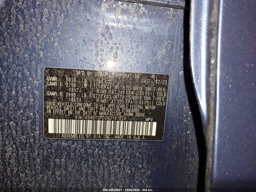 2022 Subaru Outback VIN 4S4BTGPD3N3197524 IAAI salvage auction — FRONT END, Salvage Title, sold $5,400 on 2026-07-10 (photo 9)