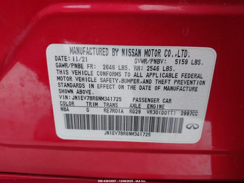 2022 Infiniti Q50 VIN JN1EV7BR6NM341725 IAAI salvage auction — UNDERCARRIAGE, Mv-907A (New York), sold $4,050 on 2026-07-30 (photo 9)
