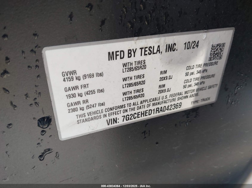 2024 Tesla Cybertruck VIN 7G2CEHED1RA042369 IAAI salvage auction — REAR END, Other, sold $46,200 on 2026-07-06 (photo 9)