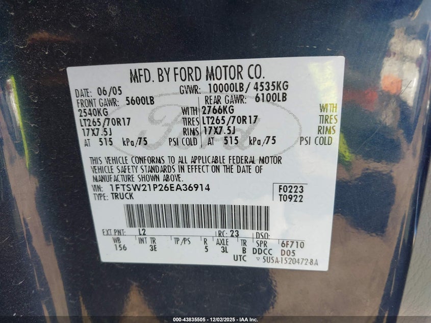 2006 Ford F250 VIN 1FTSW21P26EA36914 IAAI salvage auction — FRONT END, Salvage (Texas), sold $1,550 on 2026-07-09 (photo 9)