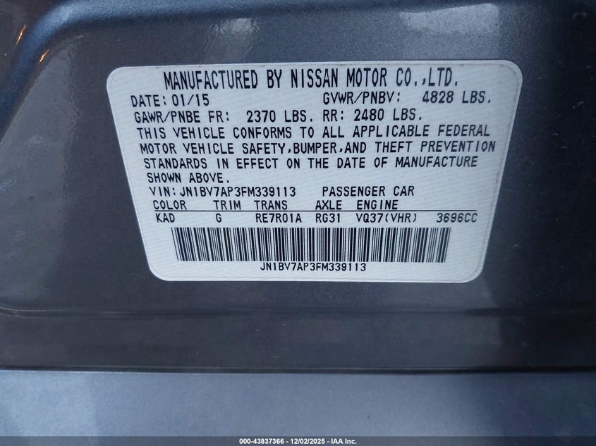 2015 Infiniti Q50 VIN JN1BV7AP3FM339113 IAAI salvage auction — HAIL, Clear (Oklahoma), sold $1,250 on 2026-07-08 (photo 9)
