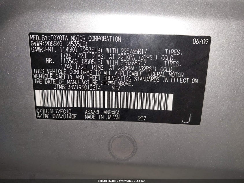 2009 Toyota Rav 4 VIN JTMBF33V195012514 IAAI salvage auction — LEFT & RIGHT, Salvage (New Jersey), sold $900 on 2026-07-13 (photo 9)