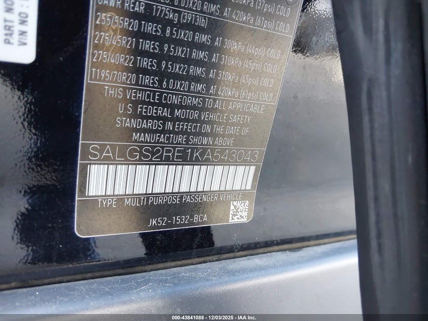 2019 Land rover RANGE ROVER VIN SALGS2RE1KA543043 IAAI salvage auction — FRONT END, Salvage Title, sold $13,100 on 2026-07-13 (photo 9)