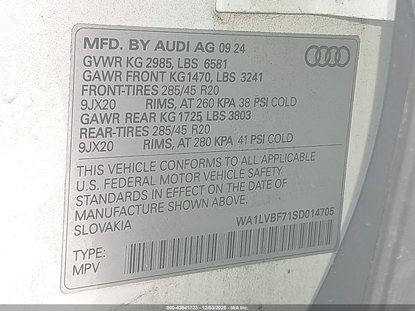 2025 Audi Q7 VIN WA1LVBF71SD014705 IAAI salvage auction — FRONT END, Certificate Of Destruction (Florida), sold $4,150 on 2026-07-09 (photo 9)