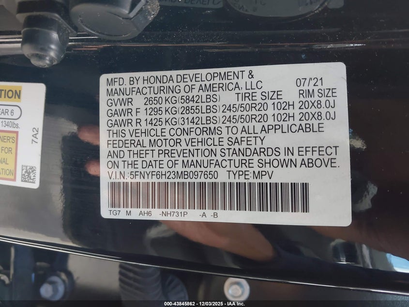 2021 Honda Pilot VIN 5FNYF6H23MB097650 IAAI salvage auction — THEFT, Salvage Title, sold $17,600 on 2026-07-27 (photo 9)