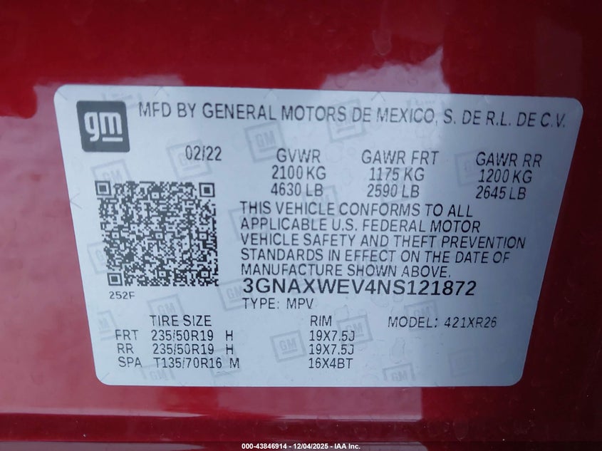 2022 Chevrolet Equinox VIN 3GNAXWEV4NS121872 IAAI salvage auction — FRONT END, Mv-907A (New York), sold $6,100 on 2026-07-30 (photo 9)