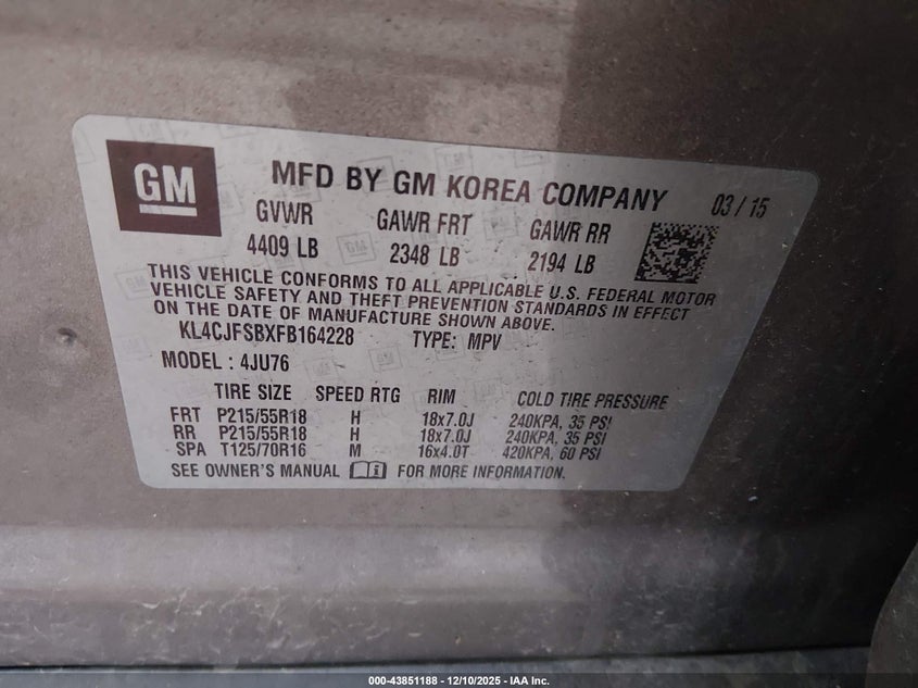 2015 Buick Encore VIN KL4CJFSBXFB164228 IAAI salvage auction — SIDE, Salvage (Pennsylvania), sold $150 on 2026-07-30 (photo 9)