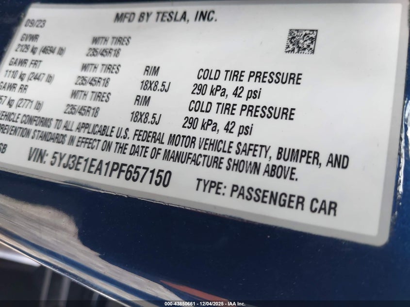 2023 Tesla Model 3 VIN 5YJ3E1EA1PF657150 IAAI salvage auction — FRONT END, Other, sold $4,250 on 2026-07-08 (photo 9)