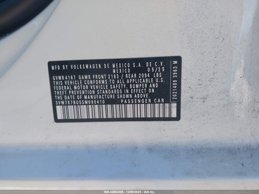 2025 Volkswagen Jetta VIN 3VW7X7BU5SM090410 IAAI salvage auction — FRONT END, Other, sold $8,500 on 2026-09-04 (photo 9)